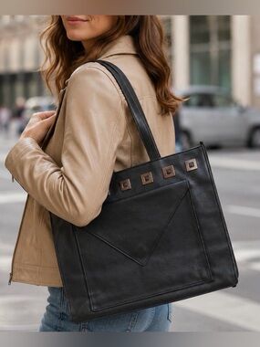 Yves Saint Laurent Black Leather Shoulder Tote with Envelope Pocket.